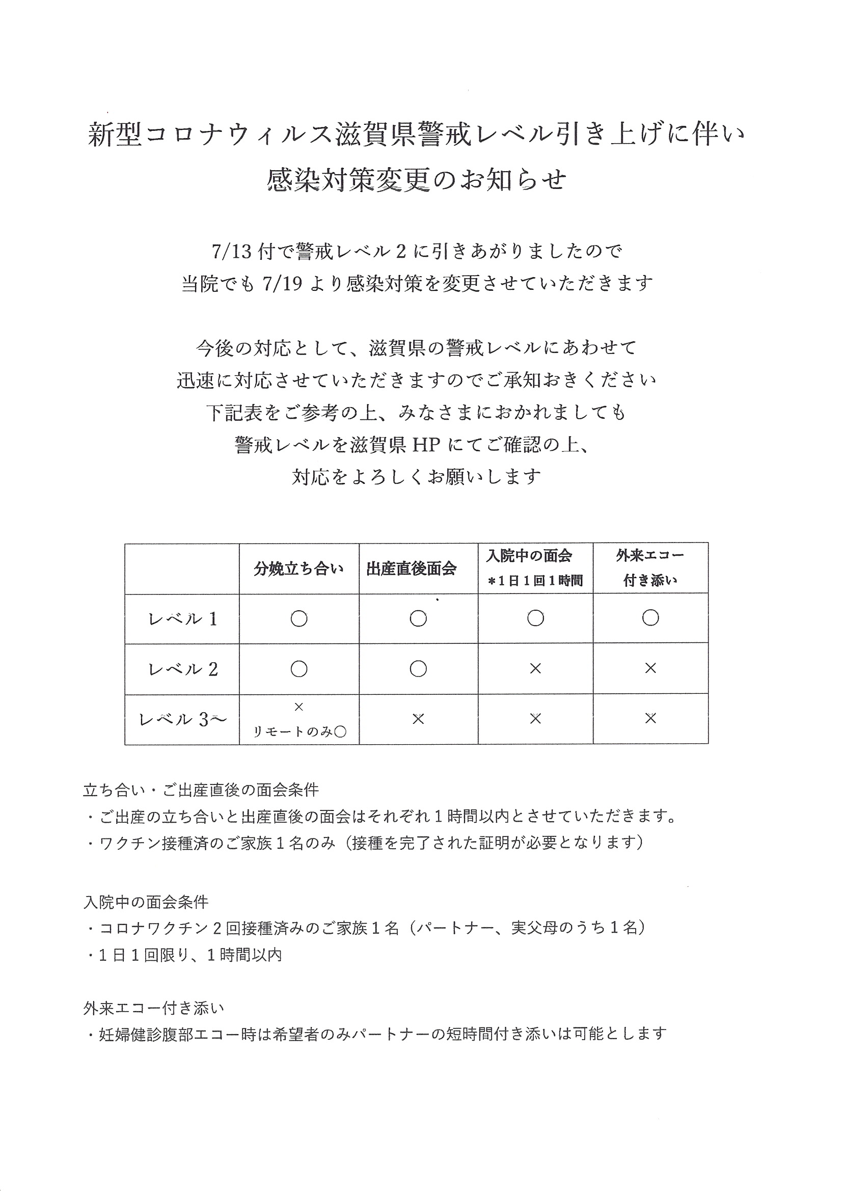 新型コロナウィルス滋賀県警戒レベル引き上げに伴い感染対策変更のお知らせ